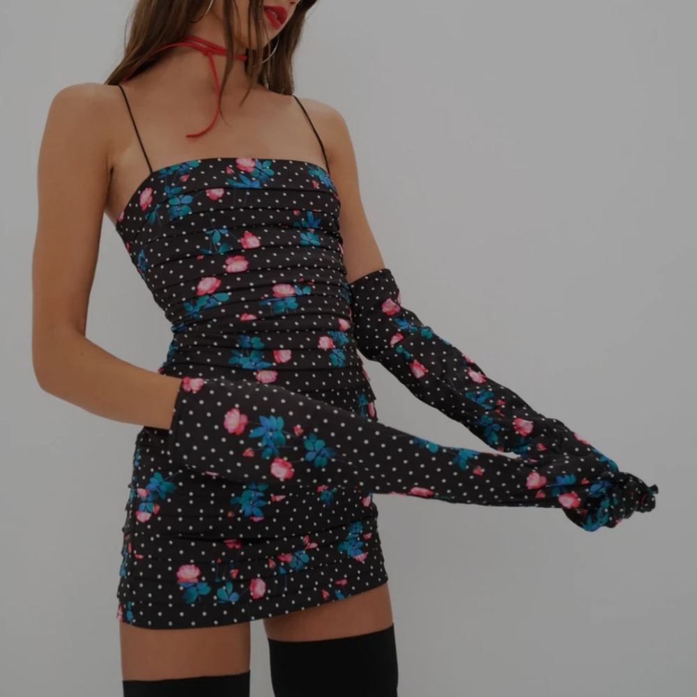 New For Love & Lemons Posey Rose Floral Polka Pleated Mini Dress w Gloves Medium
